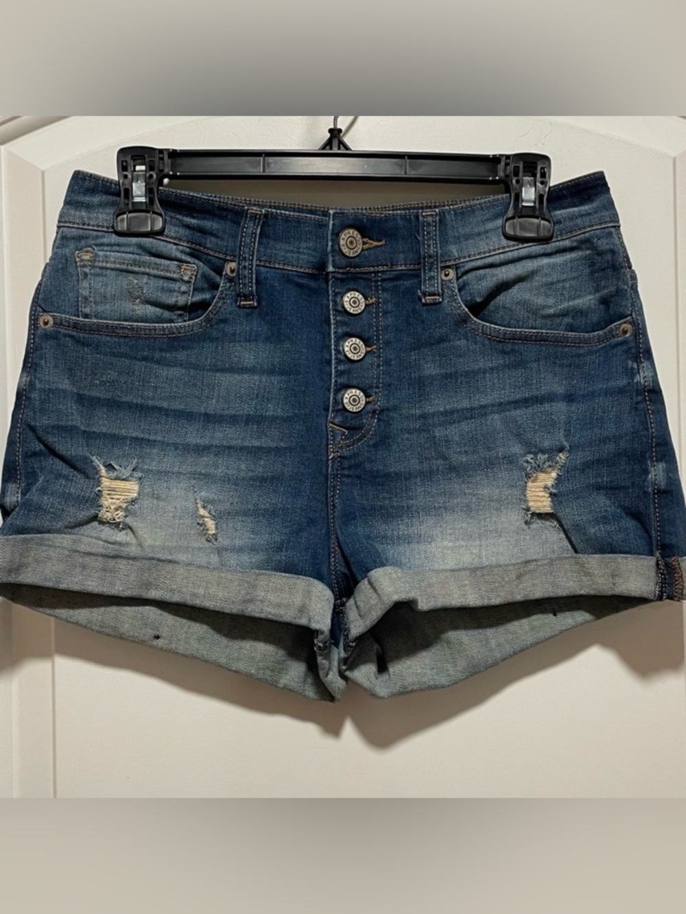 Y2K Distressed Cuffed Express Jeans Sz 6 2” Faded Blue Jean Button Fly Shorts